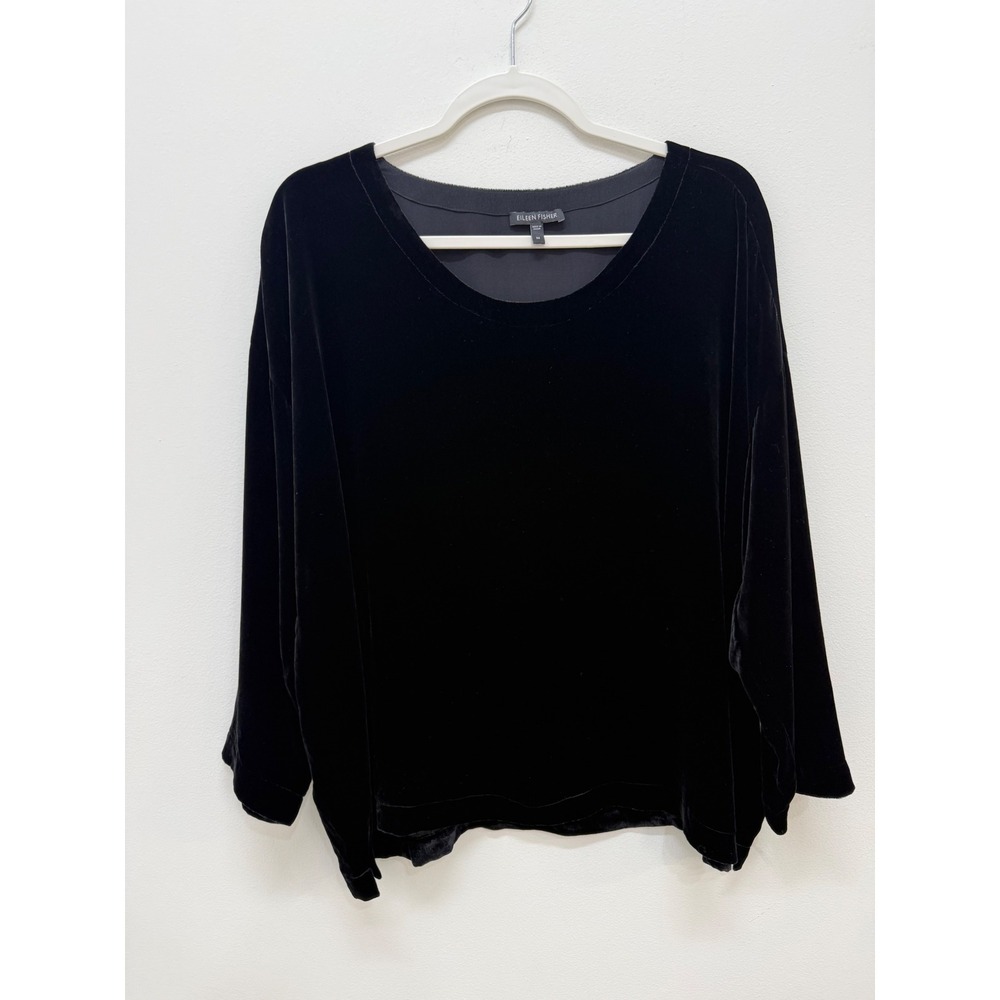 Eileen Fisher Velvet Top M Black Silk Blend Scoop Neck Boxy Long Sleeve